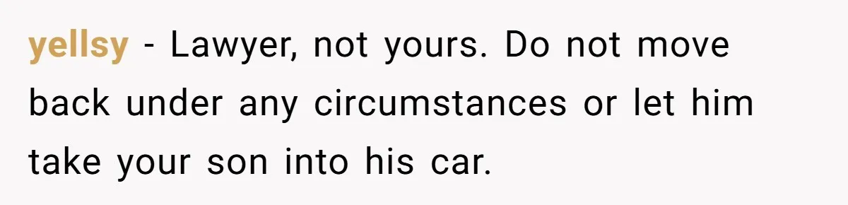 yellsy − Lawyer, not yours. Do not move back under any circumstances or let him take your son into his car.