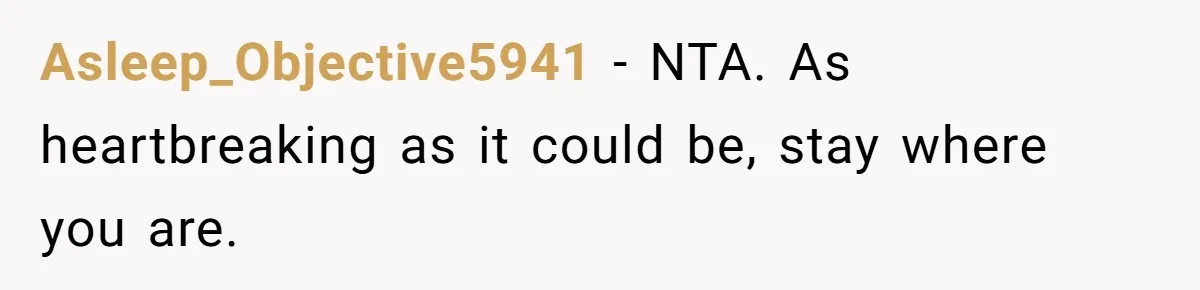 Asleep_Objective5941 − NTA. As heartbreaking as it could be, stay where you are.