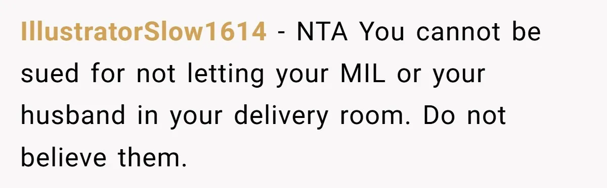IllustratorSlow1614 − NTA You cannot be sued for not letting your MIL or your husband in your delivery room. Do not believe them.