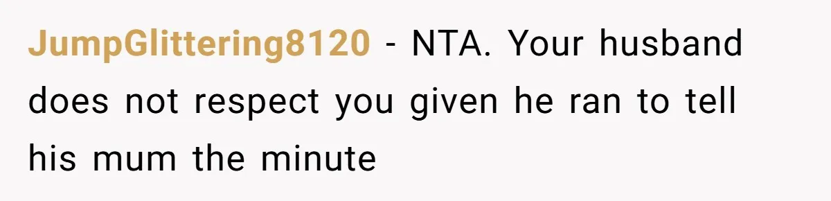 JumpGlittering8120 − NTA. Your husband does not respect you given he ran to tell his mum the minute