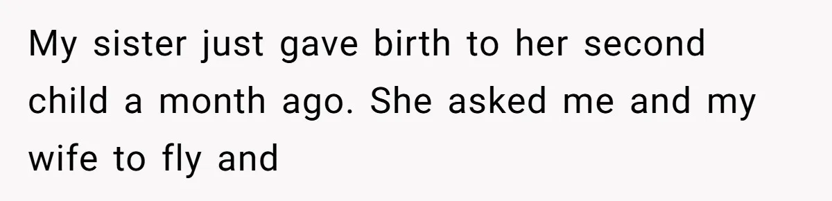 My sister just gave birth to her second child a month ago. She asked me and my wife to fly and