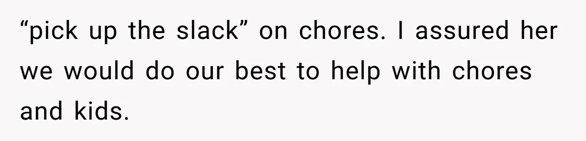 “pick up the slack” on chores. I assured her we would do our best to help with chores and kids.