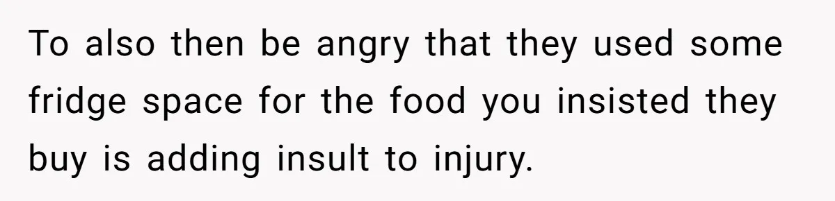 To also then be angry that they used some fridge space for the food you insisted they buy is adding insult to injury.