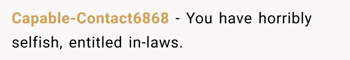 Capable-Contact6868 − You have horribly selfish, entitled in-laws.