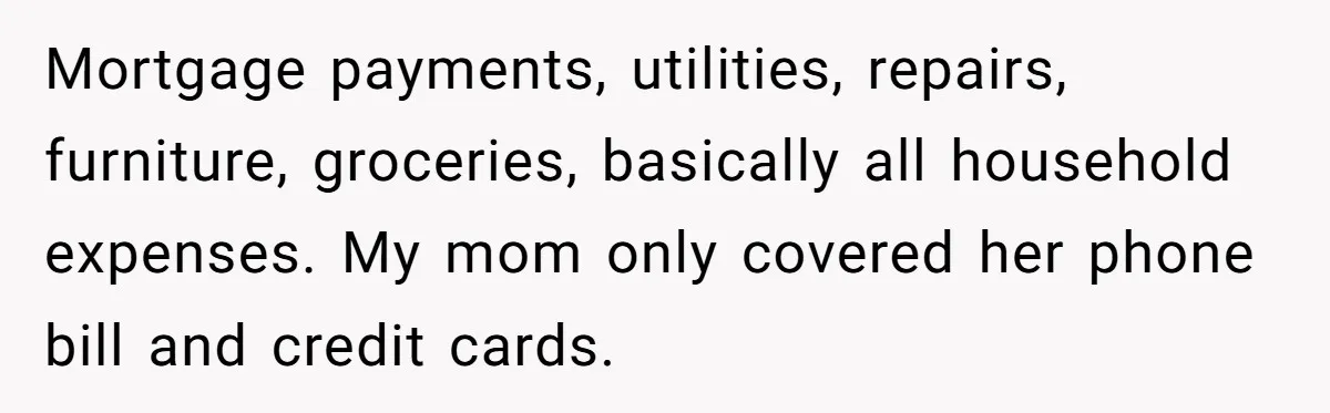 Mortgage payments, utilities, repairs, furniture, groceries, basically all household expenses. My mom only covered her phone bill and credit cards.