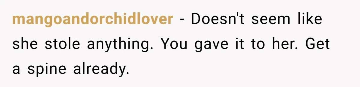 mangoandorchidlover − Doesn't seem like she stole anything. You gave it to her. Get a spine already.