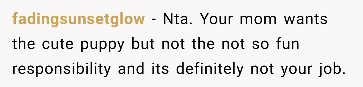 fadingsunsetglow − Nta. Your mom wants the cute puppy but not the not so fun responsibility and its definitely not your job.