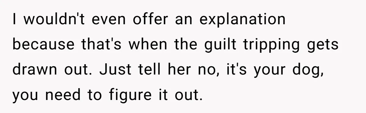 I wouldn't even offer an explanation because that's when the guilt tripping gets drawn out. Just tell her no, it's your dog, you need to figure it out.