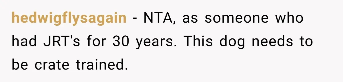 hedwigflysagain − NTA, as someone who had JRT's for 30 years. This dog needs to be crate trained.
