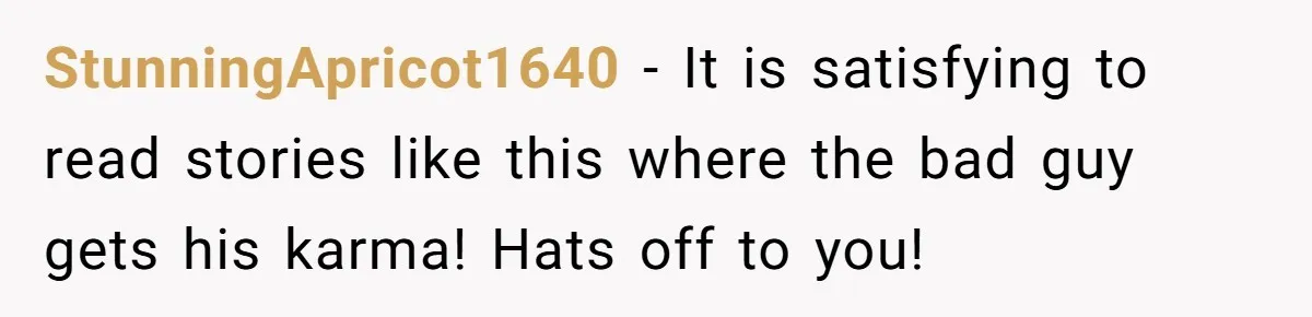StunningApricot1640 − It is satisfying to read stories like this where the bad guy gets his karma! Hats off to you!