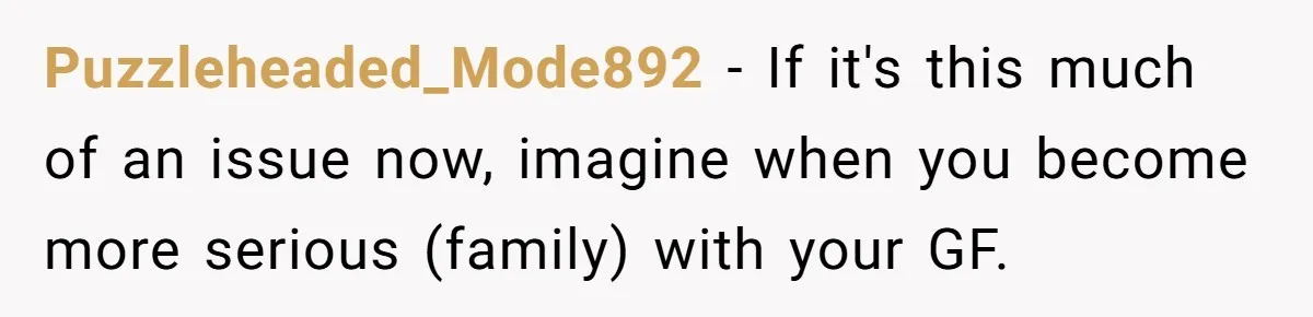 Puzzleheaded_Mode892 − If it's this much of an issue now, imagine when you become more serious (family) with your GF.
