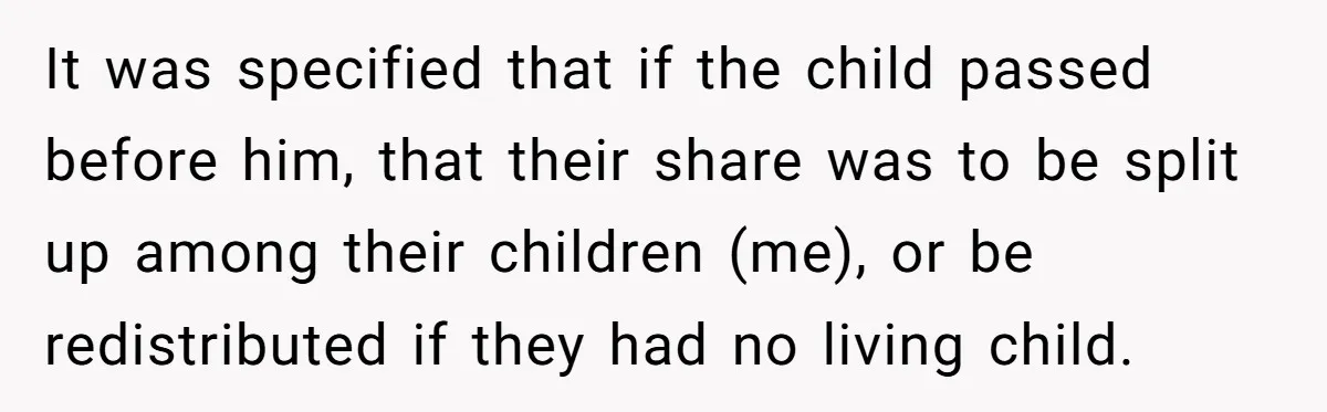 It was specified that if the child passed before him, that their share was to be split up among their children (me), or be redistributed if they had no living...
