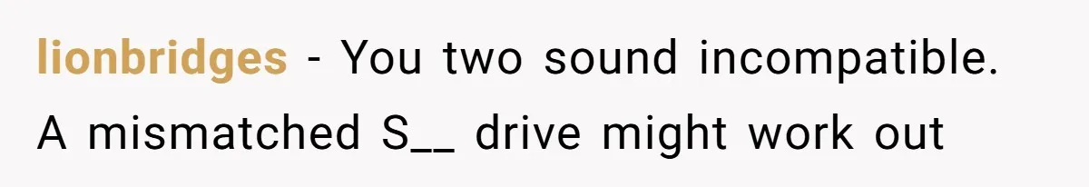 lionbridges − You two sound incompatible. A mismatched S__ drive might work out