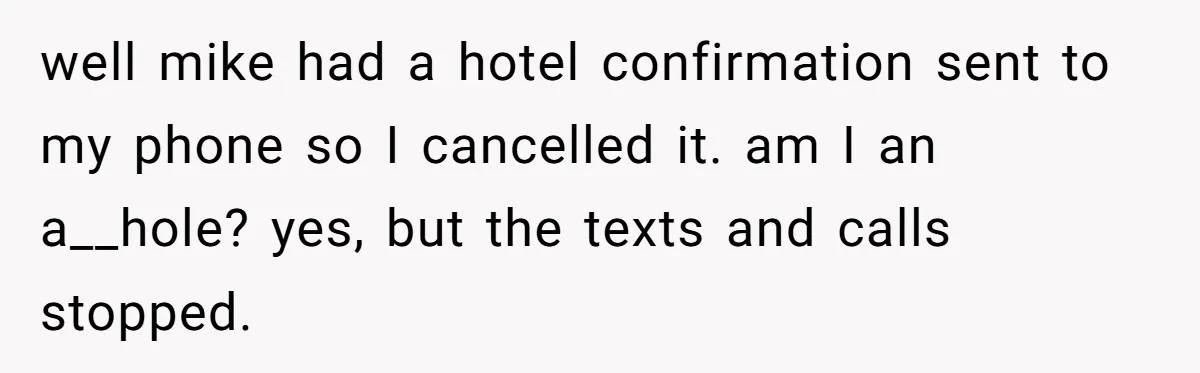 well mike had a hotel confirmation sent to my phone so I cancelled it. am I an a__hole? yes, but the texts and calls stopped.
