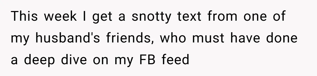 This week I get a snotty text from one of my husband's friends, who must have done a deep dive on my FB feed