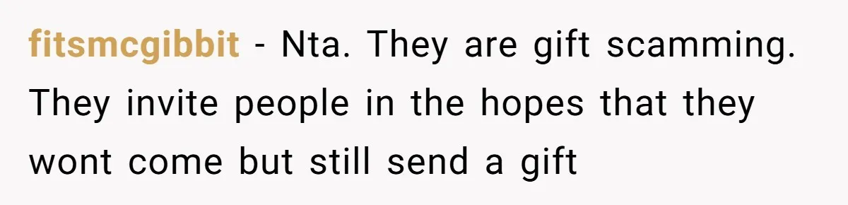 fitsmcgibbit − Nta. They are gift scamming. They invite people in the hopes that they wont come but still send a gift