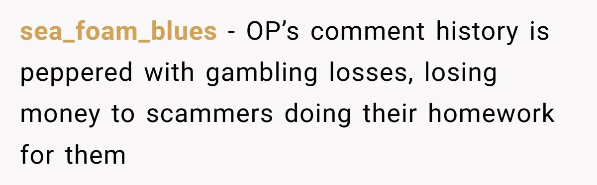 sea_foam_blues − OP’s comment history is peppered with gambling losses, losing money to scammers doing their homework for them