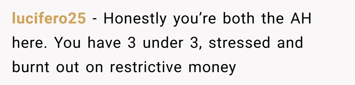 lucifero25 − Honestly you’re both the AH here. You have 3 under 3, stressed and burnt out on restrictive money
