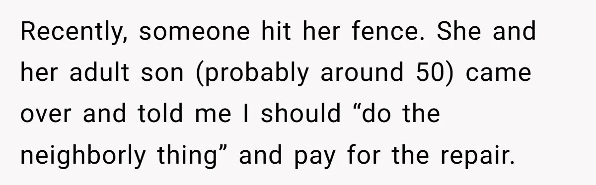 Recently, someone hit her fence. She and her adult son (probably around 50) came over and told me I should “do the neighborly thing” and pay for the repair.