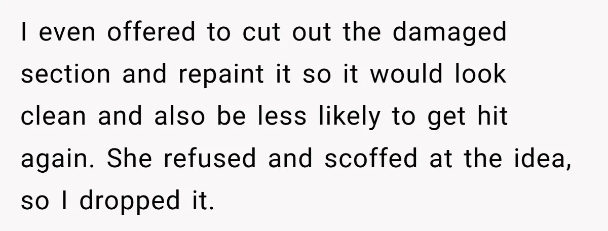 I even offered to cut out the damaged section and repaint it so it would look clean and also be less likely to get hit again. She refused and scoffed...