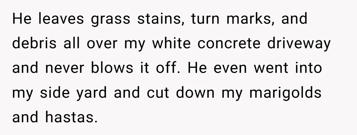 He leaves grass stains, turn marks, and debris all over my white concrete driveway and never blows it off. He even went into my side yard and cut down my...