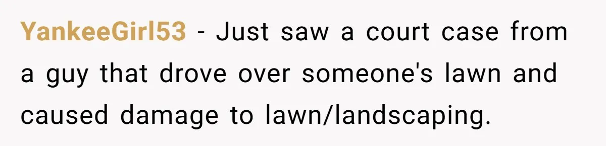 YankeeGirl53 − Just saw a court case from a guy that drove over someone's lawn and caused damage to lawn/landscaping.