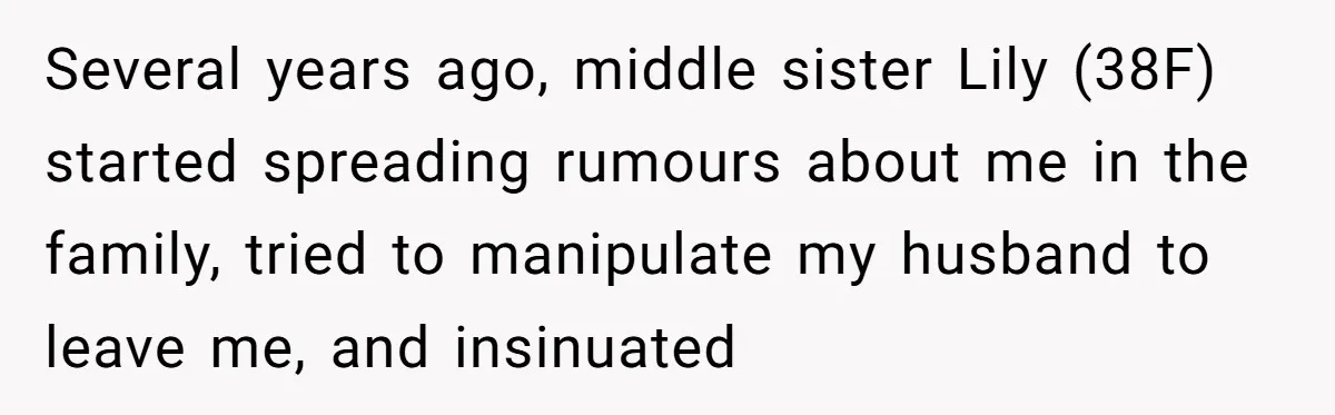 Several years ago, middle sister Lily (38F) started spreading rumours about me in the family, tried to manipulate my husband to leave me, and insinuated