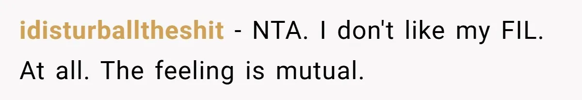 idisturballtheshit − NTA. I don't like my FIL. At all. The feeling is mutual.