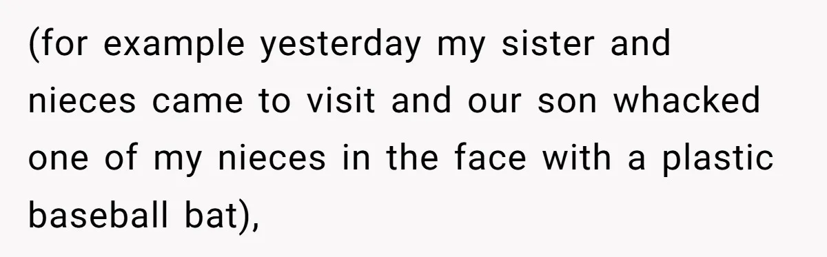 (for example yesterday my sister and nieces came to visit and our son whacked one of my nieces in the face with a plastic baseball bat),