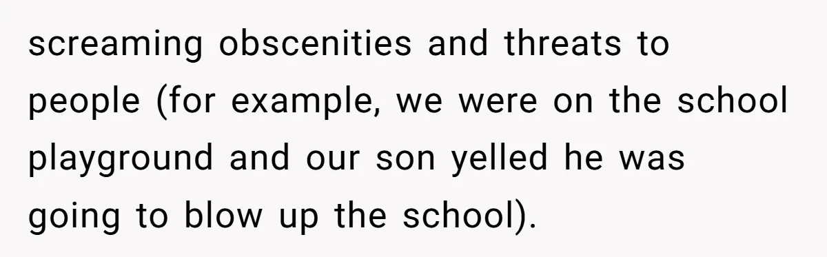screaming obscenities and threats to people (for example, we were on the school playground and our son yelled he was going to blow up the school).