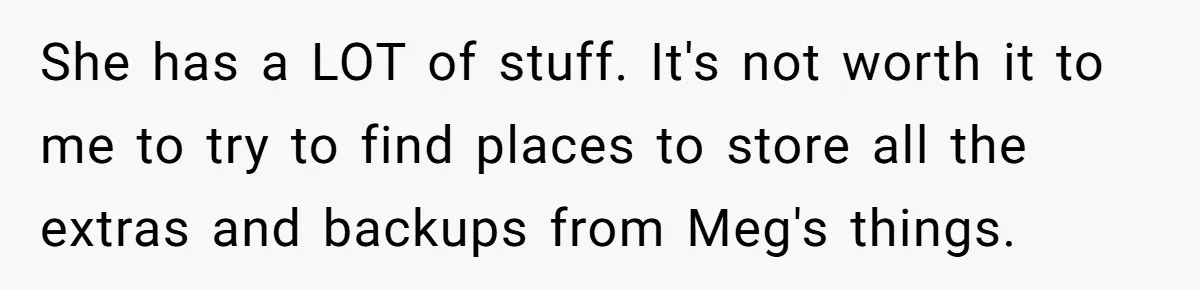She has a LOT of stuff. It's not worth it to me to try to find places to store all the extras and backups from Meg's things.