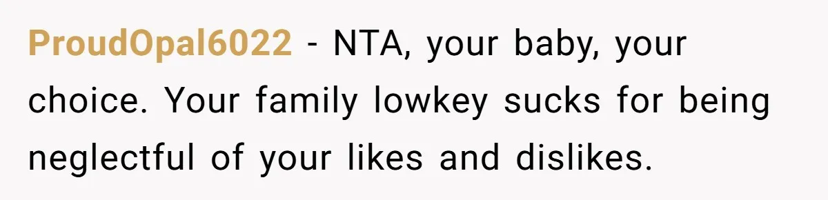 ProudOpal6022 − NTA, your baby, your choice. Your family lowkey sucks for being neglectful of your likes and dislikes.