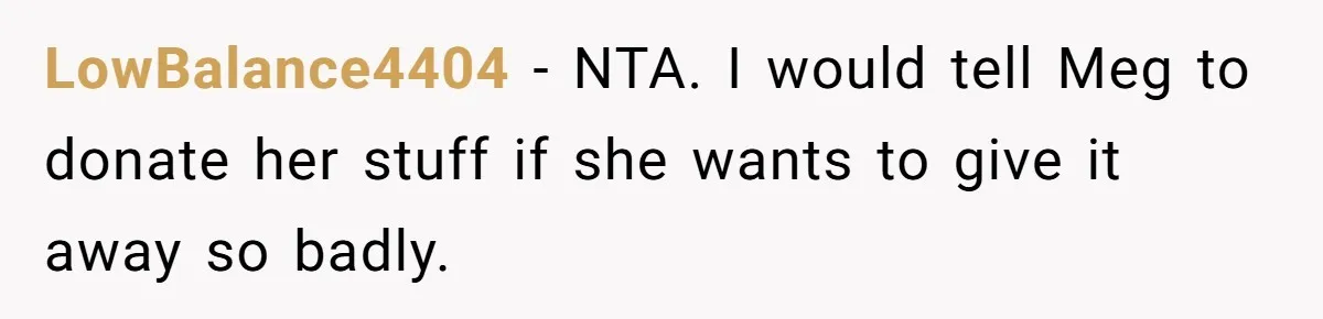 LowBalance4404 − NTA. I would tell Meg to donate her stuff if she wants to give it away so badly.