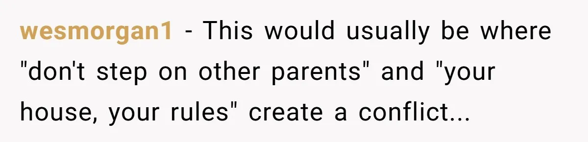 wesmorgan1 − This would usually be where "don't step on other parents" and "your house, your rules" create a conflict...