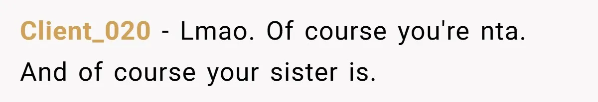Client_020 − Lmao. Of course you're nta. And of course your sister is.