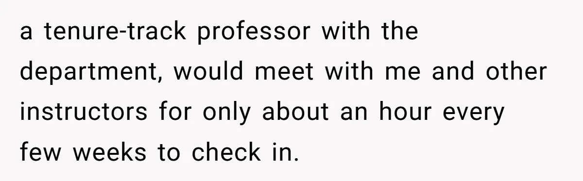 a tenure-track professor with the department, would meet with me and other instructors for only about an hour every few weeks to check in.
