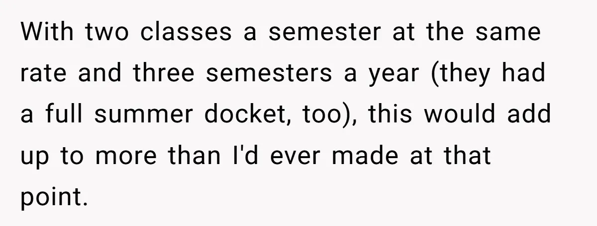 With two classes a semester at the same rate and three semesters a year (they had a full summer docket, too), this would add up to more than I'd ever...