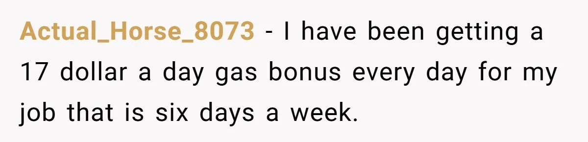 Actual_Horse_8073 − I have been getting a 17 dollar a day gas bonus every day for my job that is six days a week.