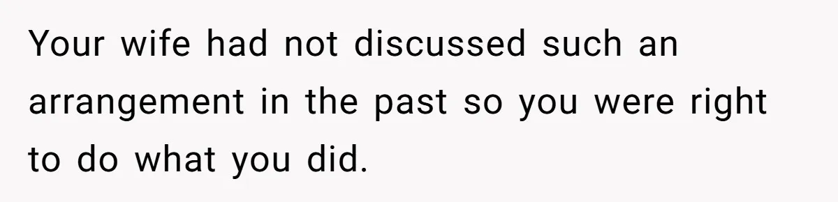 Your wife had not discussed such an arrangement in the past so you were right to do what you did.