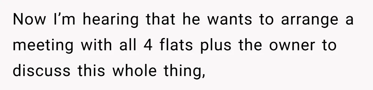 Now I’m hearing that he wants to arrange a meeting with all 4 flats plus the owner to discuss this whole thing,