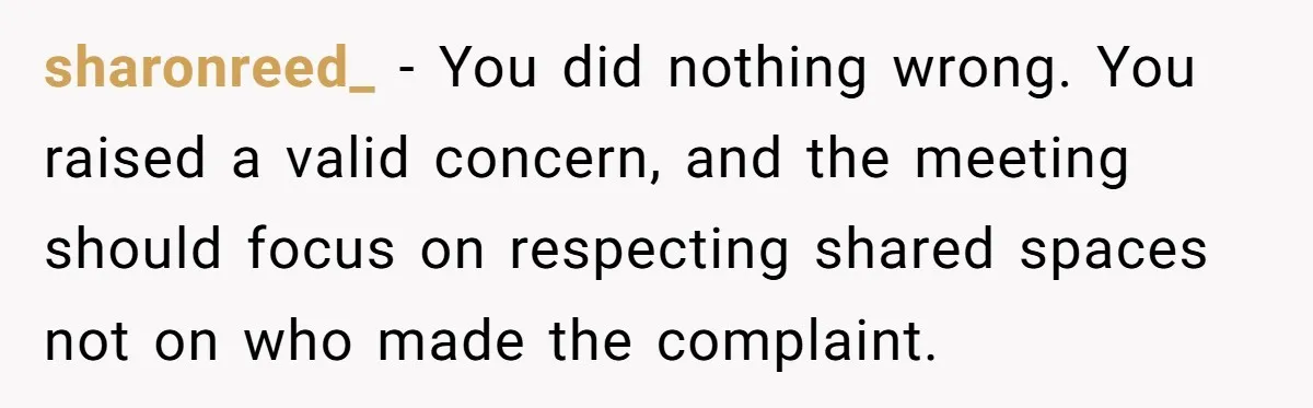 sharonreed_ − You did nothing wrong. You raised a valid concern, and the meeting should focus on respecting shared spaces not on who made the complaint.