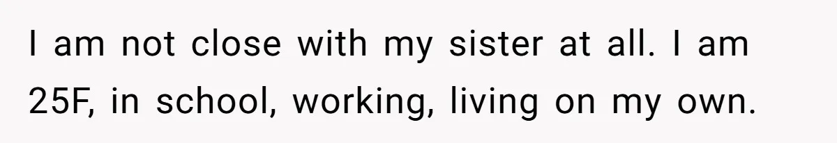 Estranged Sister Answers Honest Questions From Sibling's Fiancé, Potentially Ruins Their Marriage I am not close with my sister at all. I am 25F, in school, working, living on my own.