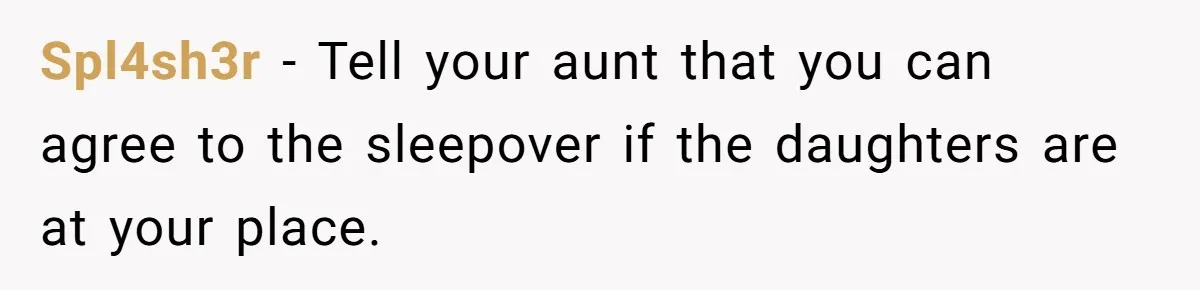 Spl4sh3r − Tell your aunt that you can agree to the sleepover if the daughters are at your place.