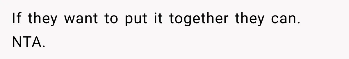 If they want to put it together they can. NTA.