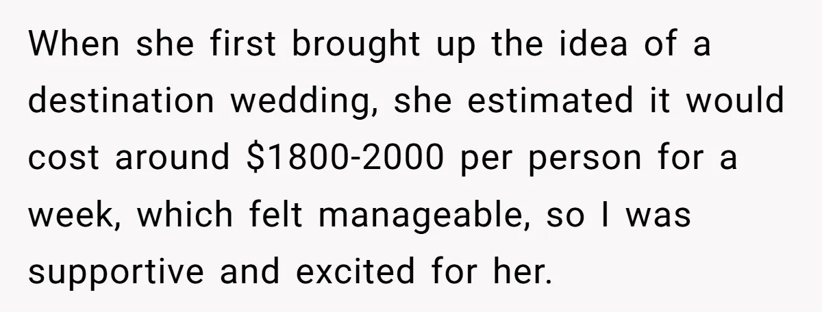 She Was Asked to Be Maid of Honour at a Destination Wedding, Then Realized It Would Cost Over $5,000 and 10 Days of Her Life When she first brought up the idea of a destination wedding, she estimated it would cost around $1800-2000 per person for a week, which felt manageable, so I was supportive...