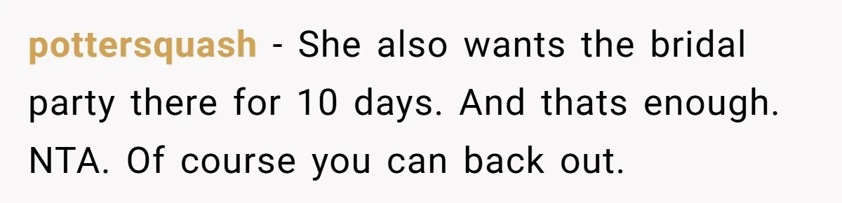 She Was Asked to Be Maid of Honour at a Destination Wedding, Then Realized It Would Cost Over $5,000 and 10 Days of Her Life pottersquash − She also wants the bridal party there for 10 days. And thats enough. NTA. Of course you can back out.