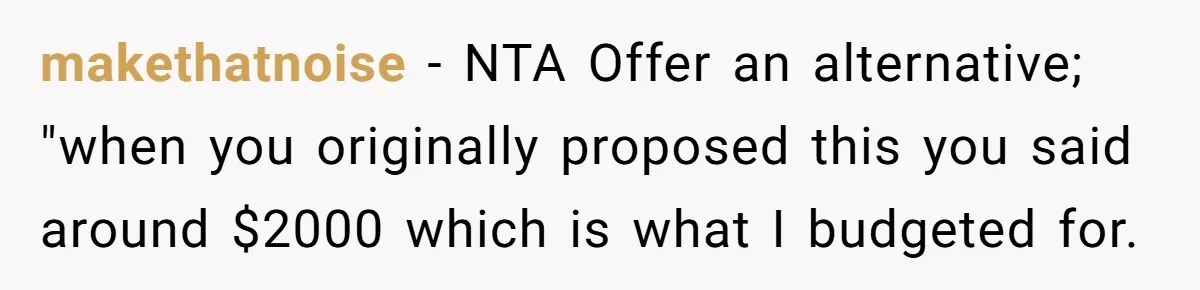 She Was Asked to Be Maid of Honour at a Destination Wedding, Then Realized It Would Cost Over $5,000 and 10 Days of Her Life makethatnoise − NTA Offer an alternative; "when you originally proposed this you said around $2000 which is what I budgeted for.