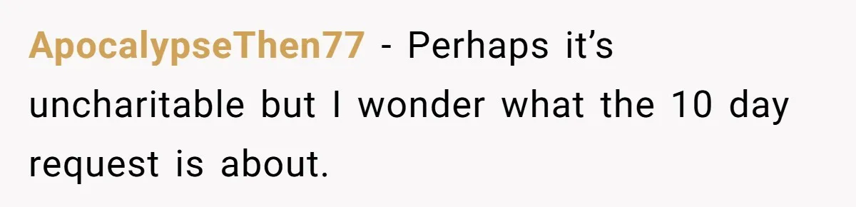She Was Asked to Be Maid of Honour at a Destination Wedding, Then Realized It Would Cost Over $5,000 and 10 Days of Her Life ApocalypseThen77 − Perhaps it’s uncharitable but I wonder what the 10 day request is about.