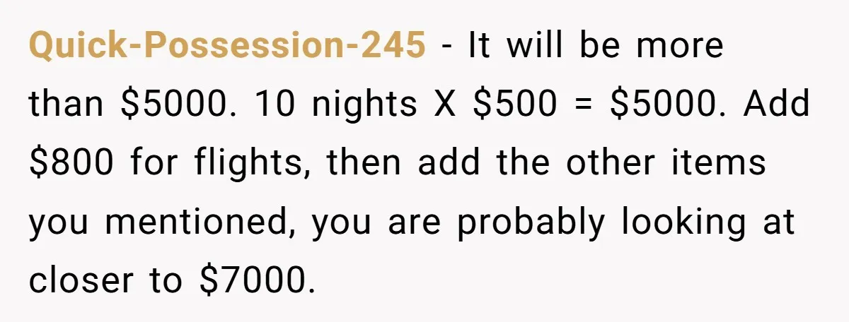 She Was Asked to Be Maid of Honour at a Destination Wedding, Then Realized It Would Cost Over $5,000 and 10 Days of Her Life Quick-Possession-245 − It will be more than $5000. 10 nights X $500 = $5000. Add $800 for flights, then add the other items you mentioned, you are probably looking at...
