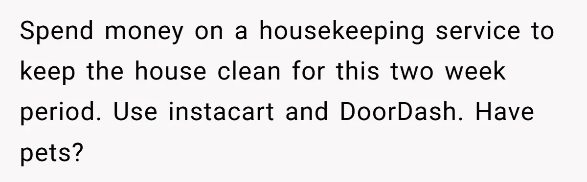 Husband Demands Wife Cancel Her Teaching Trip Abroad, Leaving Him Alone With Three Young Children Spend money on a housekeeping service to keep the house clean for this two week period. Use instacart and DoorDash. Have pets?